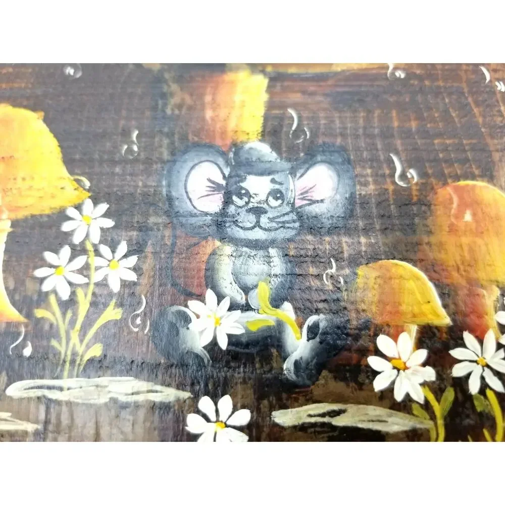 Vintage Mushrooms Mouse Tole Painting Signed by Artist Wall Hanging 7